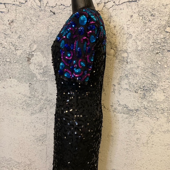 Laurence Kazar Vintage Elegant Black and Blue Sequin Dress Vintage 80s - Picture 5 of 10